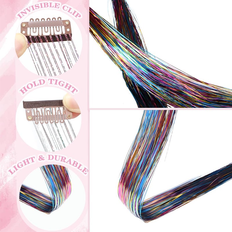 EROADE Hair Tinsel 18 Pcs Clip in Hair Tinsel Kit for Girls 22 Inch Glitter Fairy Tinsel Hair Extensions Colorful Heat Resistant Party Festival Accessories for Women Kids (Tri-color-18 Pcs) - Image 2